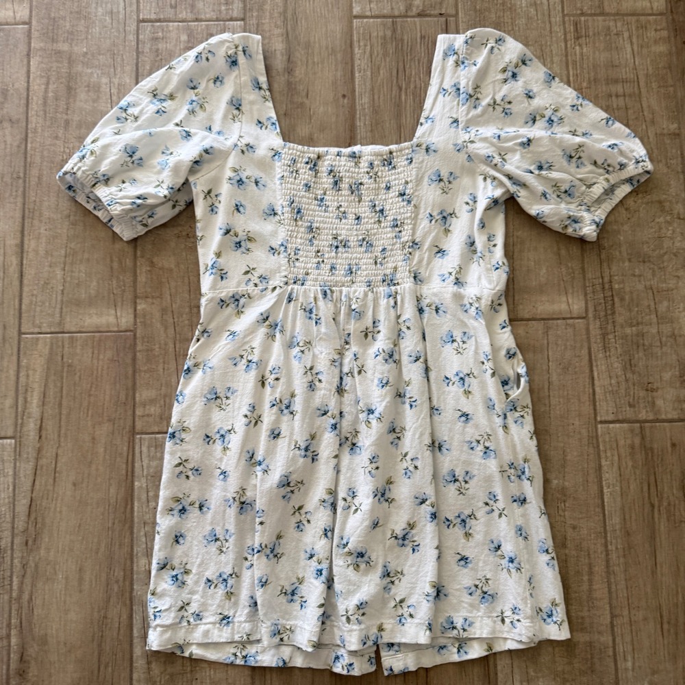Old Navy Floral Puff Sleeve Button Up Mini Dress White Blue Square Neck Smocked - Picture 7 of 12